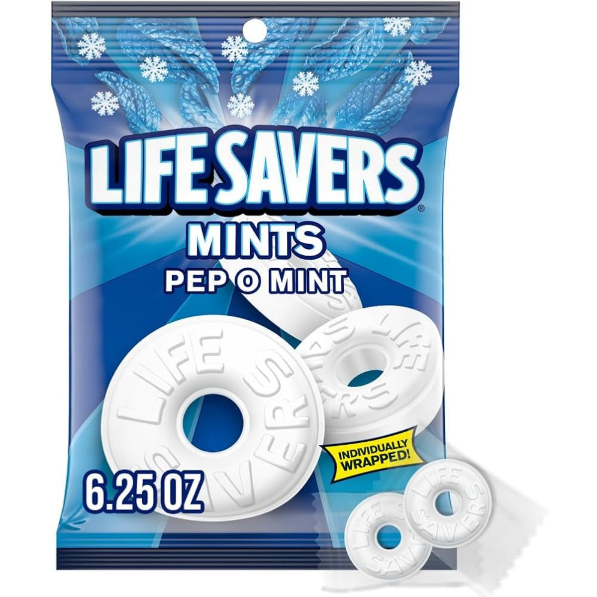 Front of Life Savers Mints Pep-O-Mint bag showing white mints, logo, and pack size (177g)