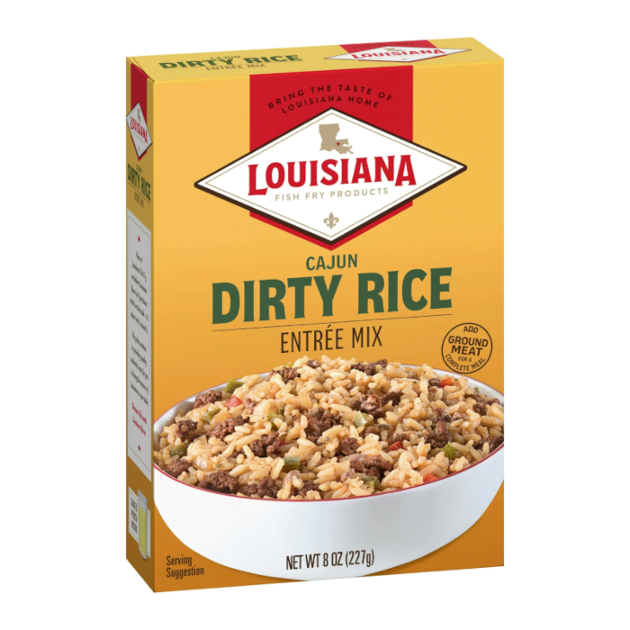 Front of Louisiana Entree Mix Cajun Dirty Rice box showing logo, Cajun flavour label, and serving suggestion with rice in a bowl (227g pack)