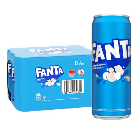 Front of Fanta Cream Soda case showing logo and a single blue 320ml can of creamy soda with a cloud design (12 pack)
