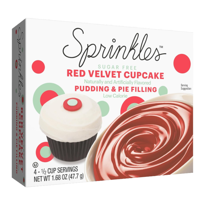 Front of Sprinkles Sugar Free Red Velvet Cupcake Pudding Mix box showing logo, product name, and serving suggestion (47g)