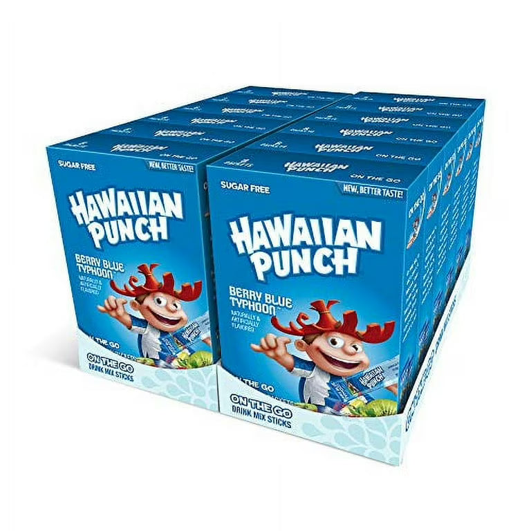 Front of Hawaiian Punch Berry Blue Typhoon 12 pack showing logo, berry flavour, and vibrant blue design.