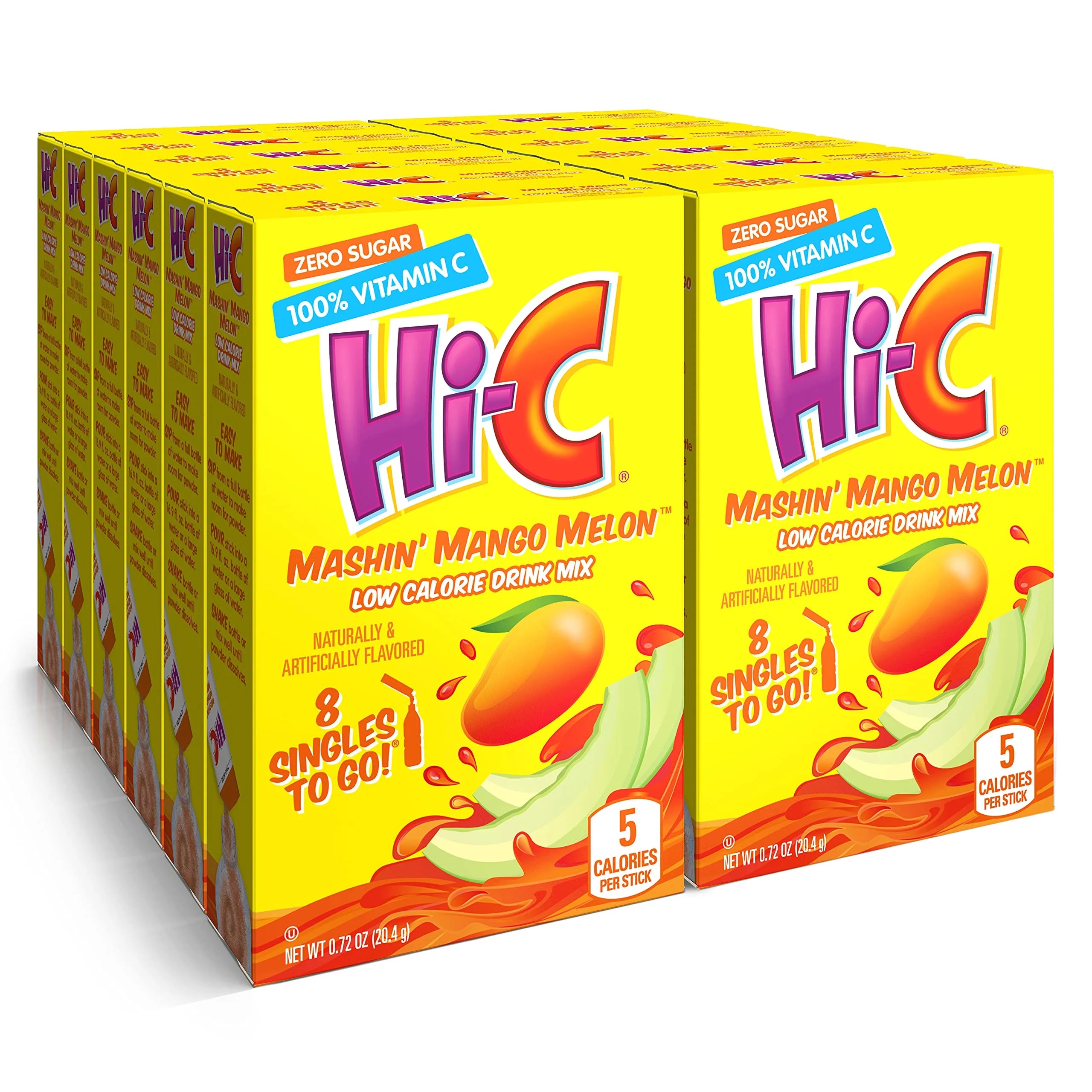 Front of Hi-C Mashin’ Mango Melon Singles To Go box showing bold logo, mango and melon imagery, and 12 pack of drink mix sticks