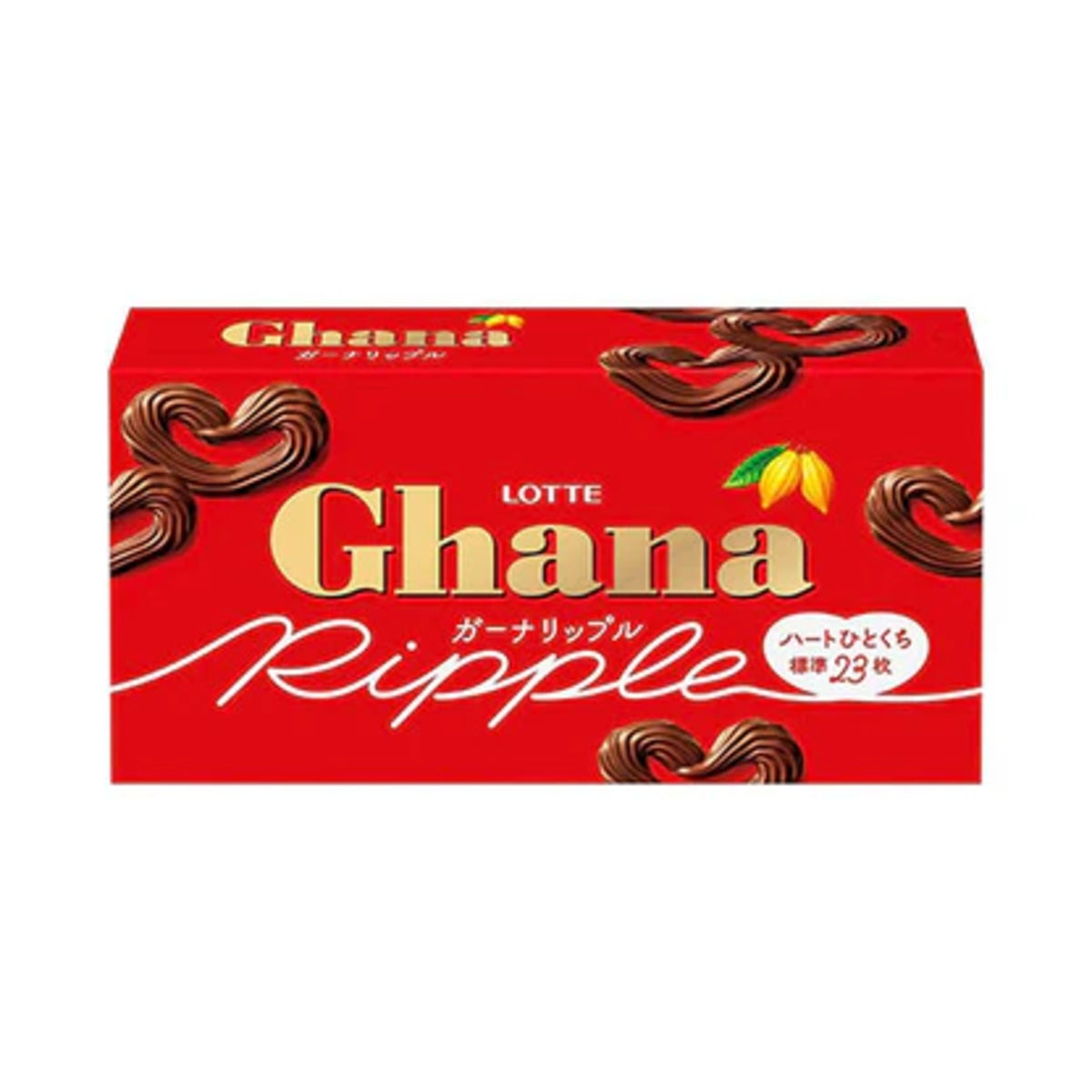 Front of Lotte Ghana Ripple box showing bold red design with Lotte Ghana logo and chocolate ripple details (58g pack)