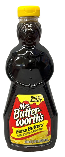 Front of Mrs Butterworth's Extra Buttery syrup bottle showing rich and buttery label, iconic figure, and bright yellow cap (710ml)