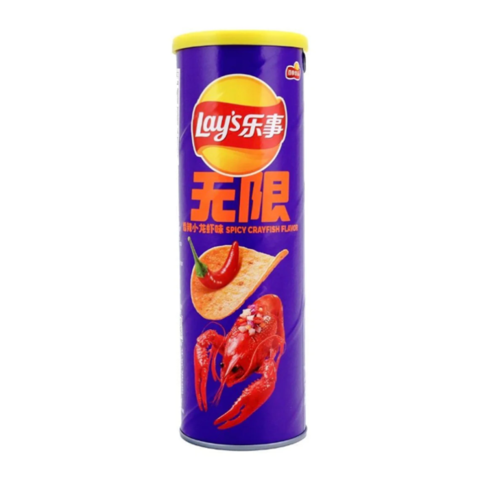 Front of Lay's Spicy Crayfish Can Chips showing vibrant purple packaging, logo, and shrimp imagery (90g can)