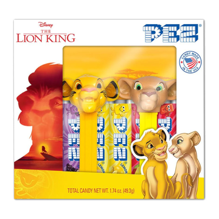 Front of PEZ Lion King Gift Set featuring yellow dispensers of Simba and Nala, and assorted fruit-flavoured candy (49g pack)