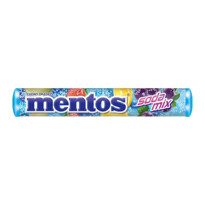 Front of Mentos Soda Mix pack showing the bright logo and colourful chewy dragees in a 37g tube