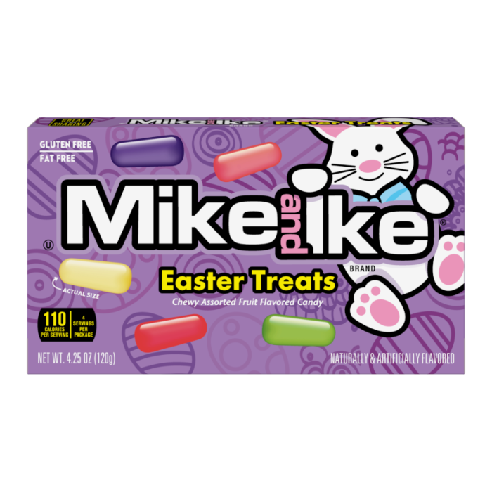 Front of Mike & Ike Easter Treats Theatre Box showing logo, colourful chewy candies, and Easter-themed design (120g pack)