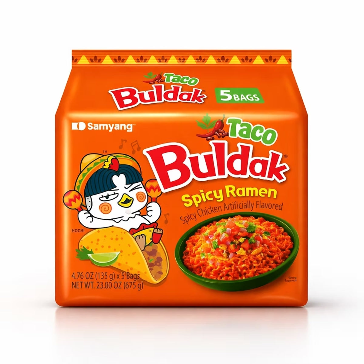 Front of Samyang Buldak Spicy Taco Hot Chicken Ramen Noodles 650g pack featuring bright orange packaging with logo, cartoon character, and illustration of spicy ramen dish.