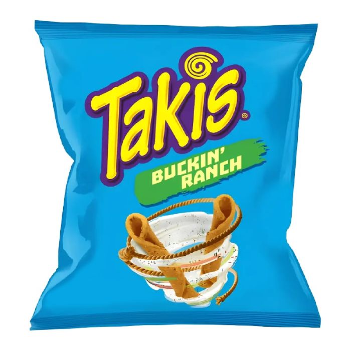 Front of a blue bag of Takis Buckin' Ranch Rolled Tortilla Corn Chips showing the logo and rolled tortilla chips design (28g pack)