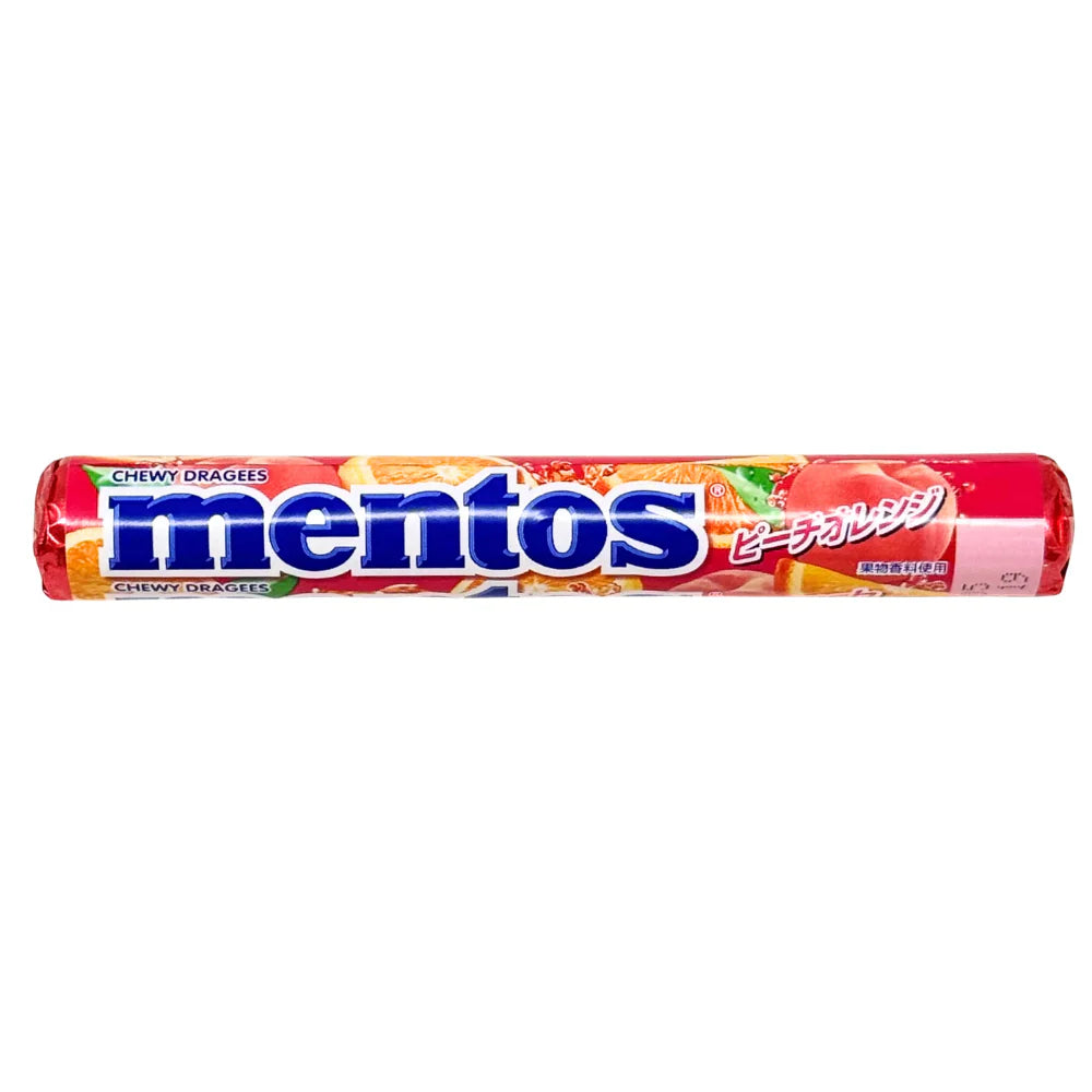 Front of Mentos Peach & Orange packaging showing blue logo with peach and orange illustrations (37g pack)