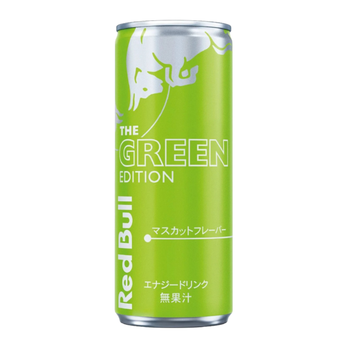 Front of a Red Bull The Green Edition Muscat Grape can showing green label, logo, and 250ml size
