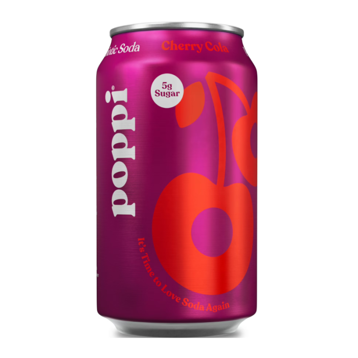 Front of Poppi Cherry Cola can featuring vibrant cherry logo and label, with "5g Sugar" claim and 355ml size