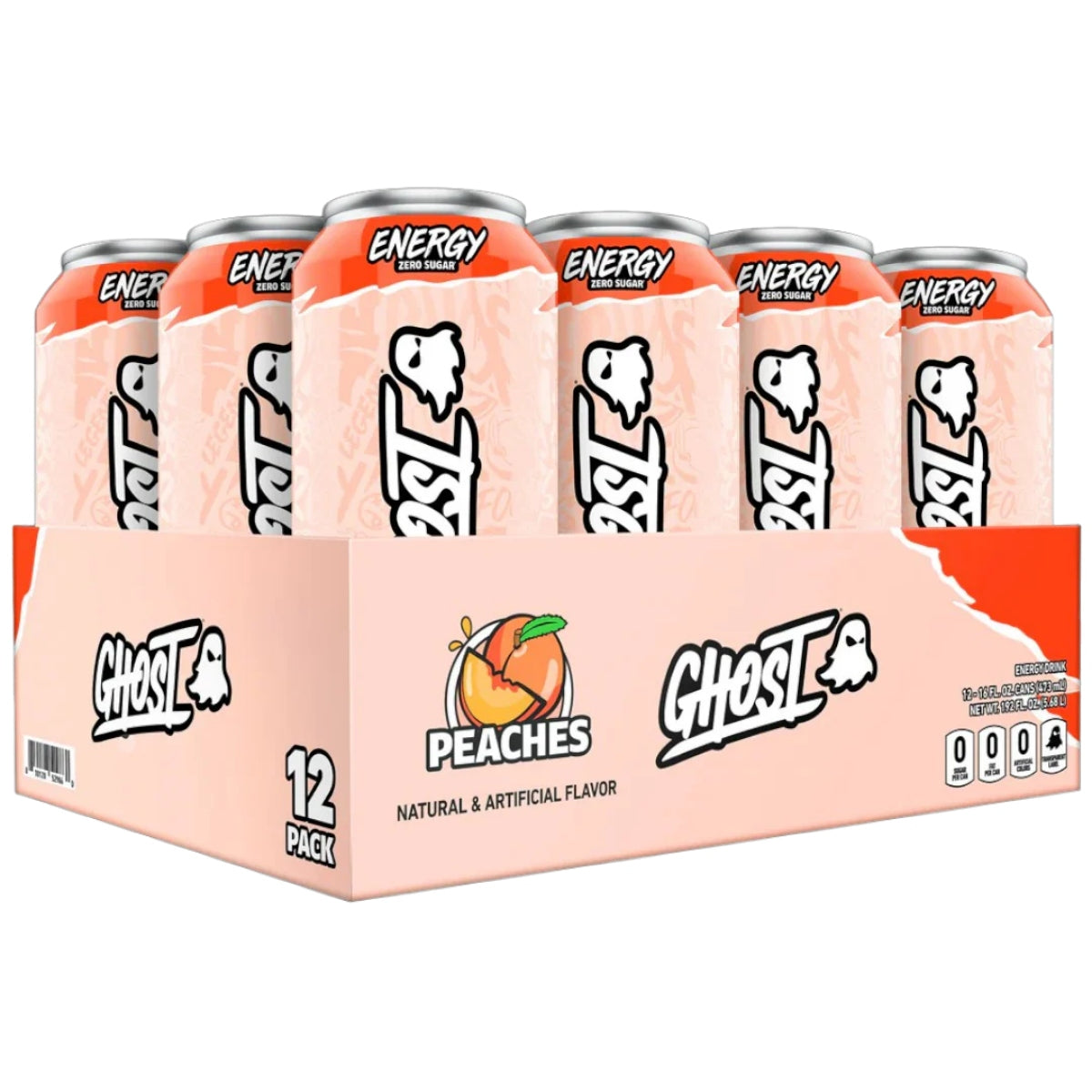 Front of Ghost Energy Peaches case showing 12 cans with peach flavour logo and zero sugar label (12 x 473ml)