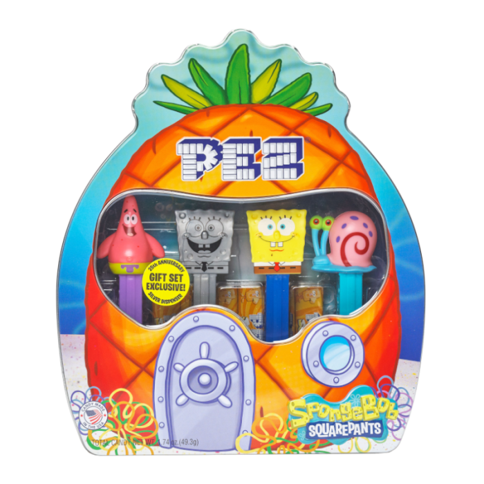 Front of PEZ SpongeBob Squarepants 25th Anniversary Collectors Gift Tin featuring SpongeBob, Patrick, and Gary dispensers in a colourful tin design.