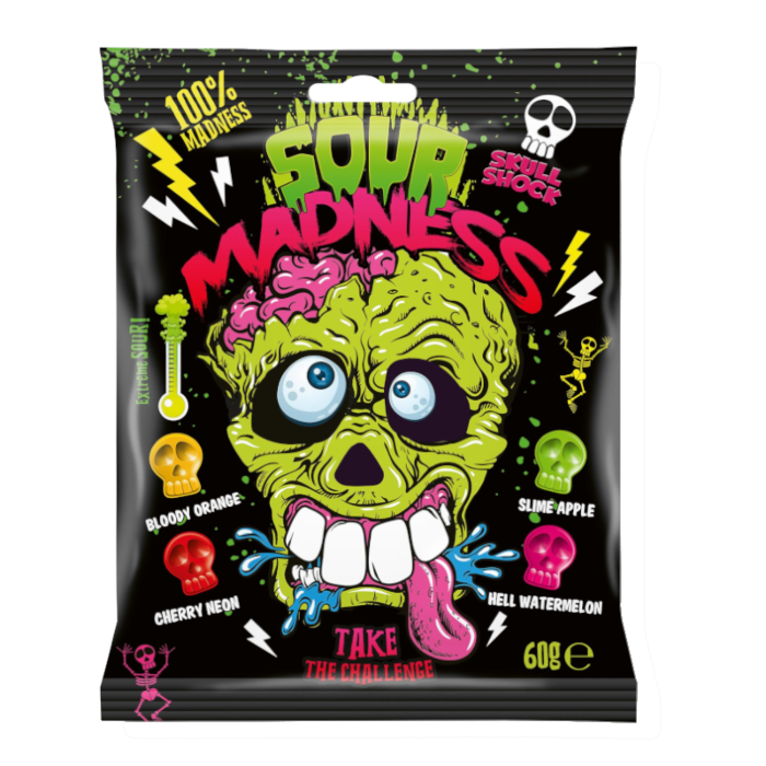 Front of Sour Madness Classic Hard Candies pack featuring vibrant colours, skull graphics, and bold sour flavour cues (60g)
