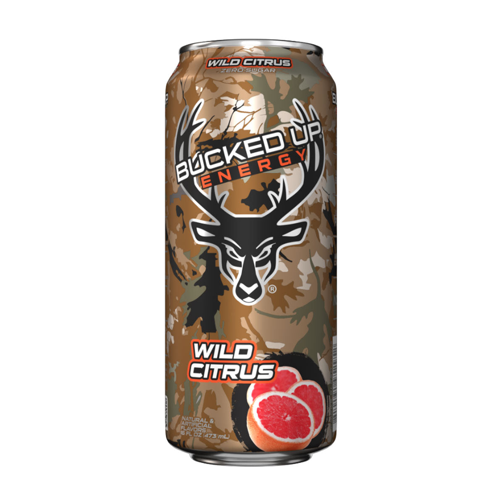Front of a Bucked Up Energy Wild Citrus can showing logo, grapefruit image, and 473ml pack size.