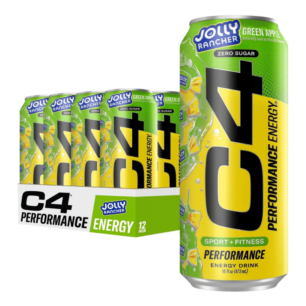 Front of C4 Zero Sugar Energy x Jolly Rancher Green Apple case showing logo, green apple flavour label, and 12 pack (12 x 473ml)