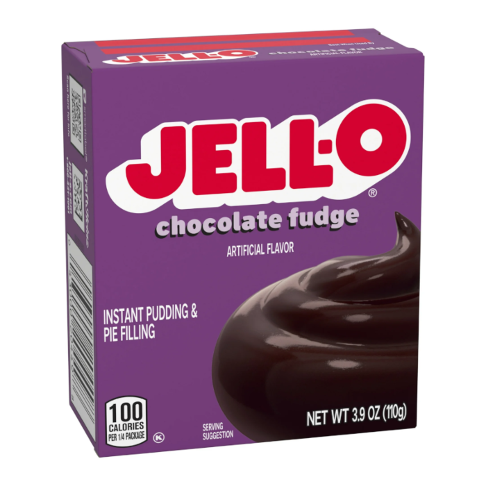Front of Jell-O Chocolate Fudge Instant Pudding Mix box featuring purple packaging, rich chocolate fudge image, and 110g size.