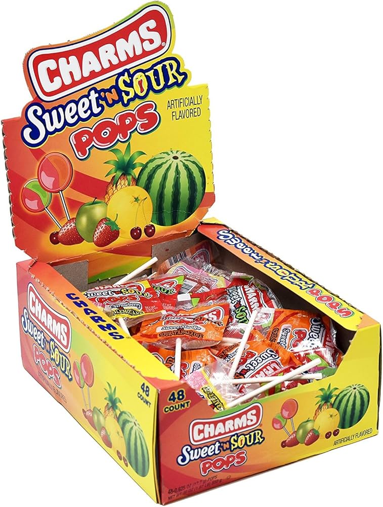 Front of Charms Sweet'n Sour Pops box showing the vibrant package design, assorted flavours, and 48-count label (884g pack)