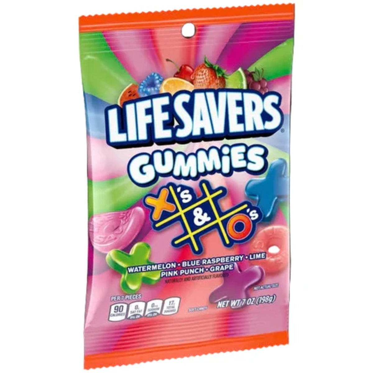 Front of a pack of Life Savers Gummies XO's (198g) showing vibrant colours and flavour details including watermelon, blue raspberry, lime, pink punch, and grape.