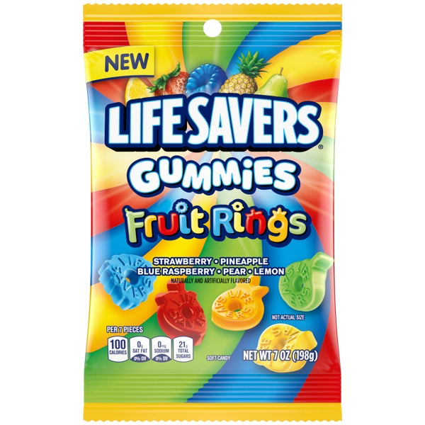 Front of Life Savers Gummies Fruit Rings bag featuring vibrant logo, assorted fruit flavours, and 198g pack size.