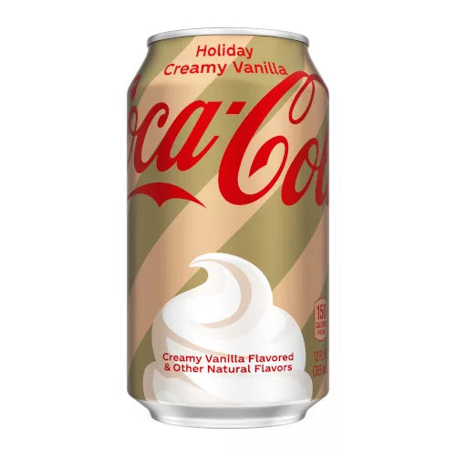 Front of Coca-Cola Holiday Creamy Vanilla can featuring logo, creamy vanilla flavour, and festive design (355ml pack)