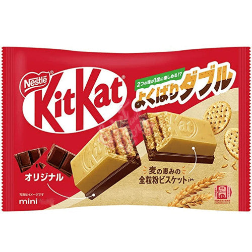 Front of Kit Kat Min Yokubari Double Whole Wheat (Japan) 116g showing the red and white Kit Kat logo and whole wheat chocolate bar images.