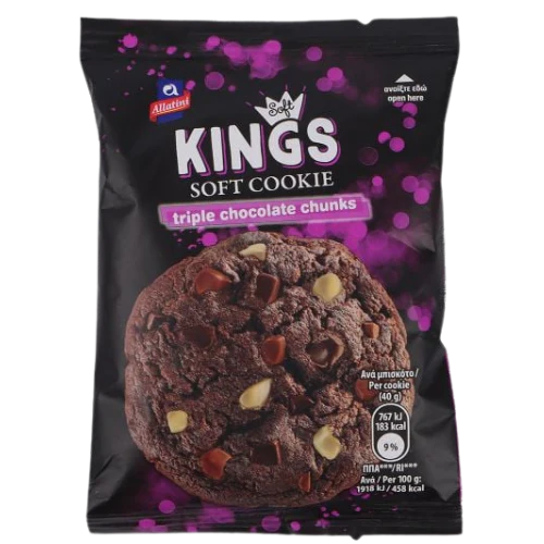 Front of Kings Soft Cookie Triple Chocolate Chunks pack showing rich chocolate cookie with chocolate chunks, 40g pack size