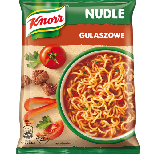 Front of Knorr Goulash Instant Noodles packet showing red logo, goulash flavour illustration, and a bowl of noodles (64g pack)