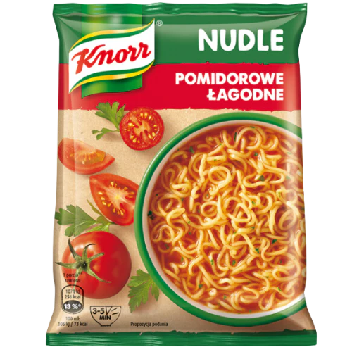 Front of Knorr Mild Tomato Instant Noodles pack showing green label with logo, tomato flavour image, and noodles in a bowl (65g pack)