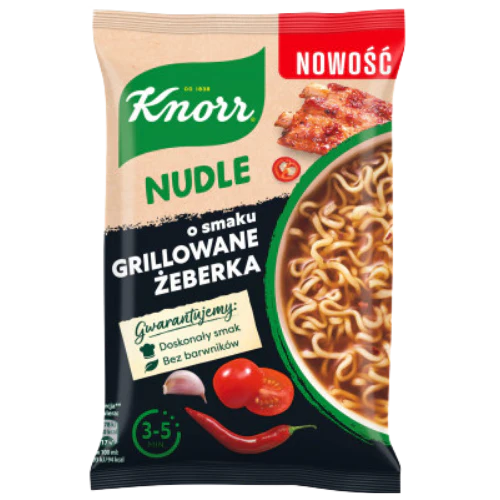 Front of Knorr Grilled Ribs Instant Noodles packet showcasing the logo, grilled ribs flavour text, and noodle image (71g pack)