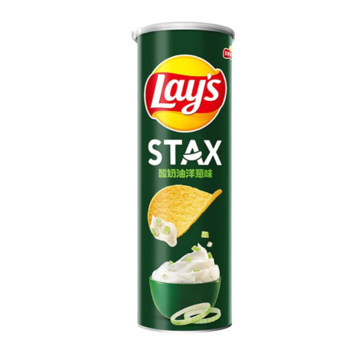 Front of Lay's STAX Sour Cream & Onion tube showing the logo, sour cream and onion imagery, and a 90g pack size.