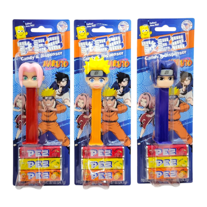 Front of PEZ Naruto Blister Pack showing three collectible dispensers featuring Naruto characters and candy packs (24 total)