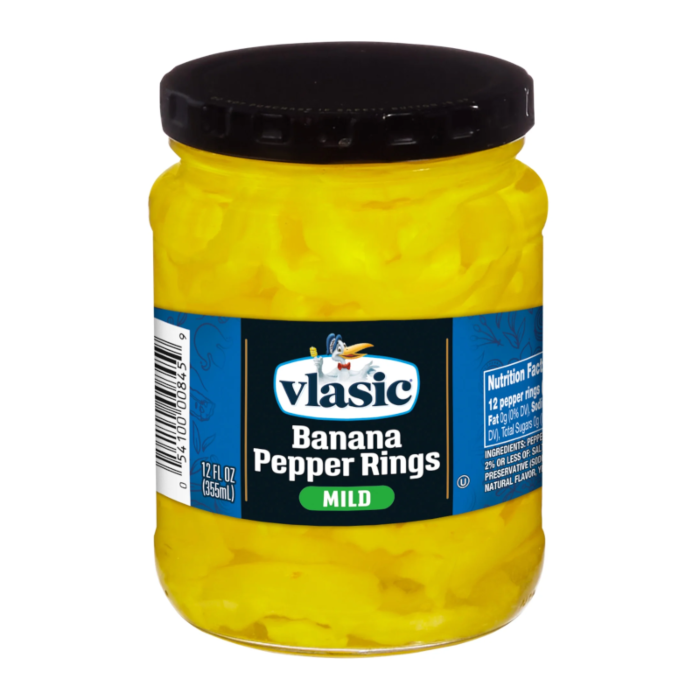 Front of Vlasic Banana Pepper Rings Mild jar showing yellow pepper rings, brand logo, and 355ml size