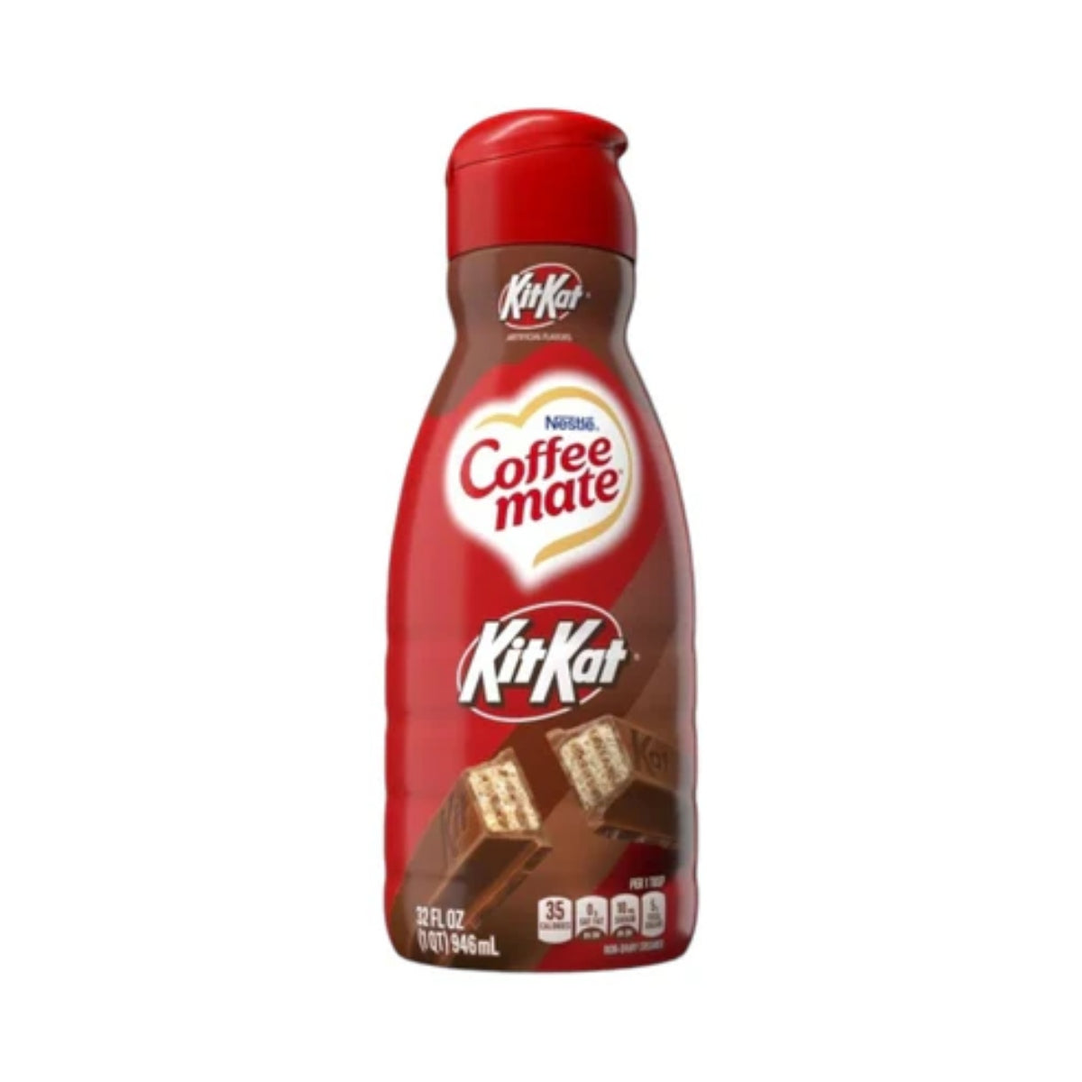 Front of Coffee Mate KitKat bottle showing brand logo and pack size (828ml) with KitKat imagery