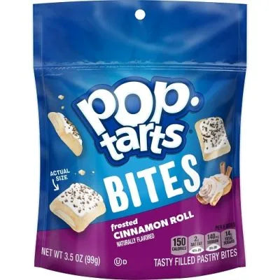 Front of a blue bag of Pop-Tarts Cinnamon Roll Bites showing logo, pastry bites, and flavour detail (99g pack)