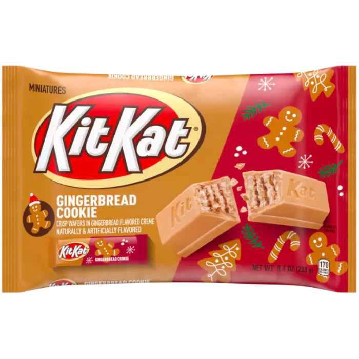 Front of Kit Kat Gingerbread Cookie pack showing logo, gingerbread flavour label, and image of crispy wafers (238g pack)