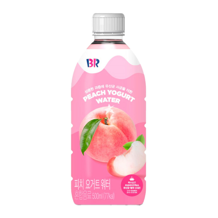 Front of Baskin Robbins Peach Yoghurt Water bottle showing pink label with logo, peach illustration, and 500ml size.