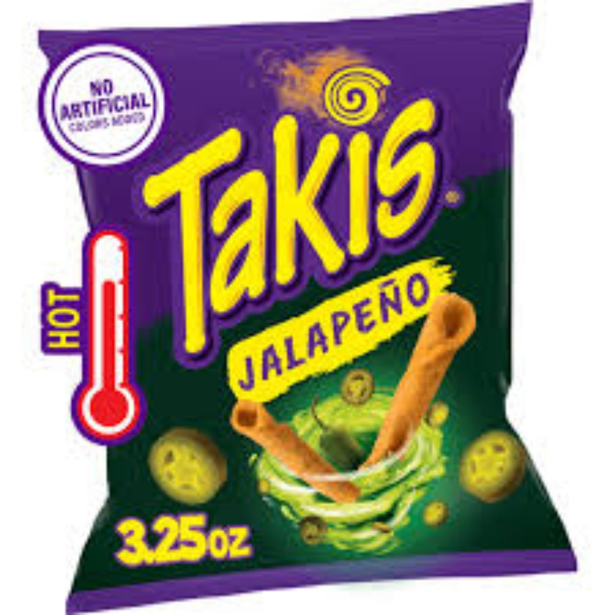 Front of Takis Fuego Jalapeno bag showing bold yellow and purple logo, spicy jalapeno flavour, and rolled tortilla snacks (92g pack)