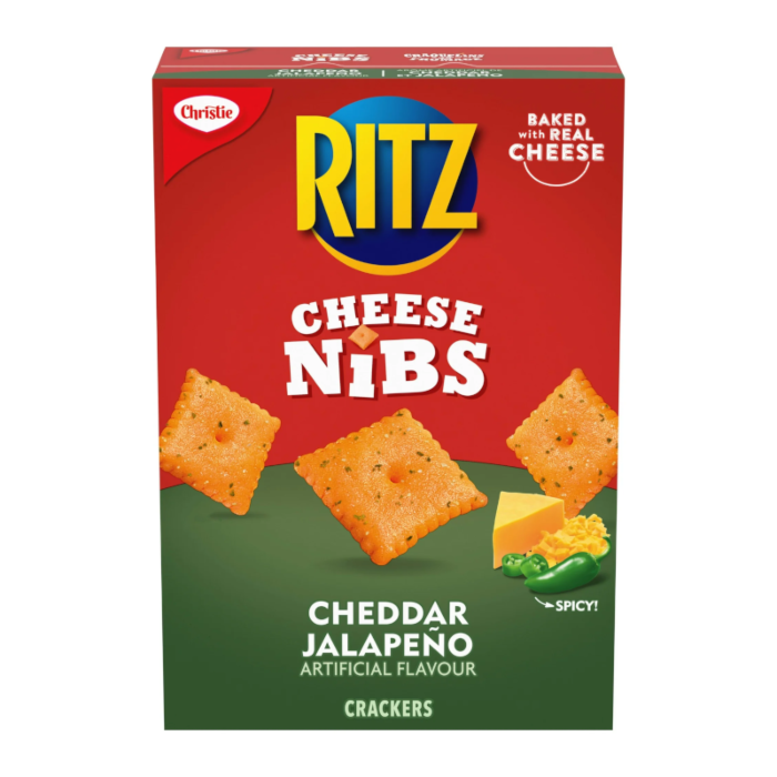 Front of Ritz Cheese Nibs Cheddar & Jalapeno box with logo and images of crackers (180g pack)