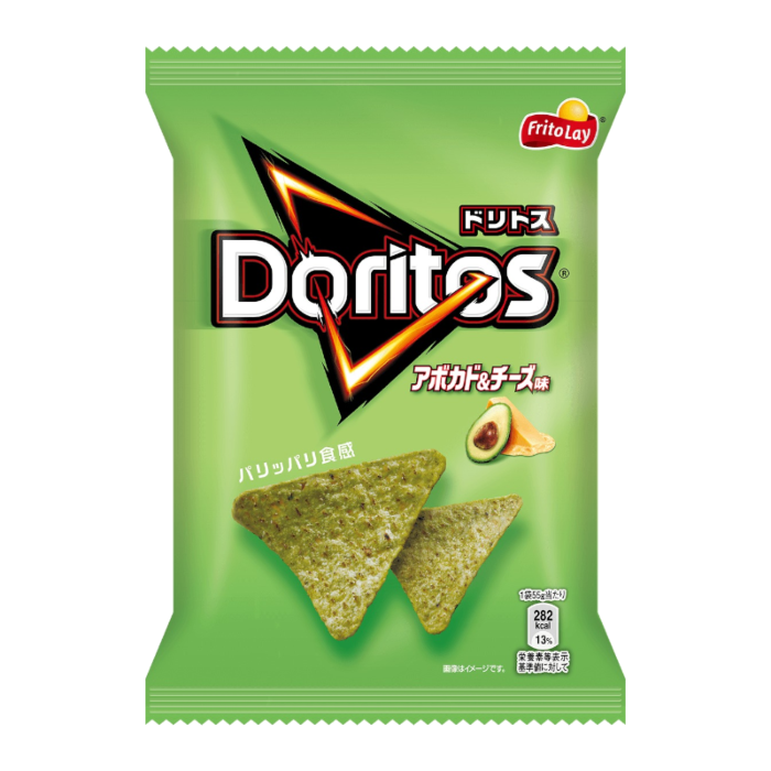 Front of Doritos Avocado & Cheese (Japan) bag featuring bold logo, green packaging, and images of avocado and cheese (55g pack)