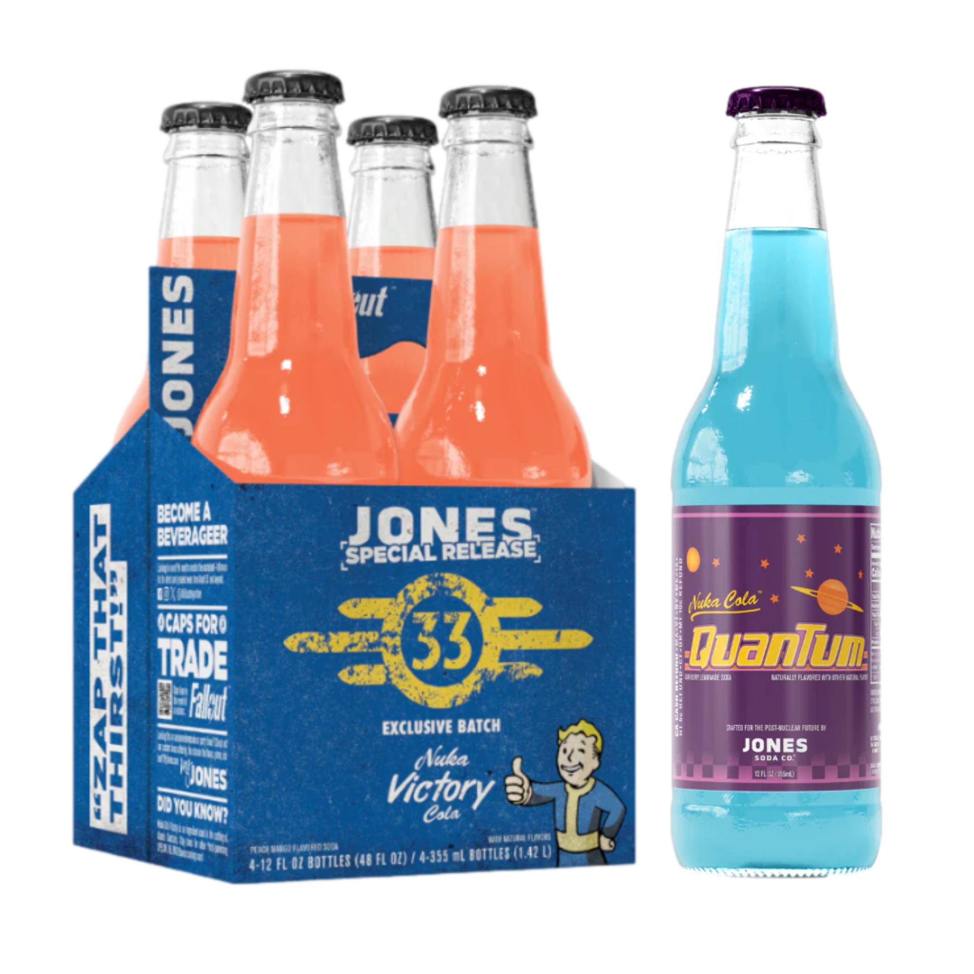 Front of Jones Soda Fallout Nuka Cola Quantum and Victory Bundle showing colourful bottles and logo with 4-pack packaging (355ml each)