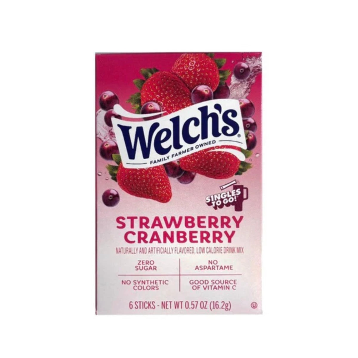 Front of Welch's Strawberry Cranberry singles to Go pack showing logo, strawberry and cranberry imagery, and details of 6 sticks (16.2g).