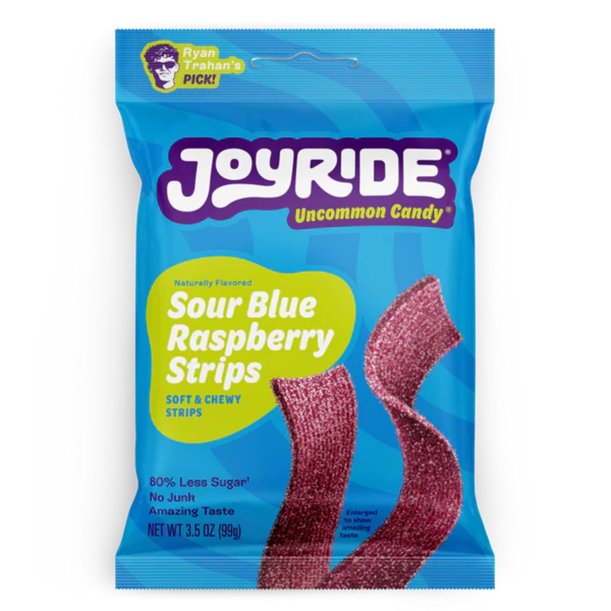 Front of Joyride Sour Blue Raspberry Strips bag with logo, sour blue raspberry flavour text, and soft chewy strips displayed (99g pack)