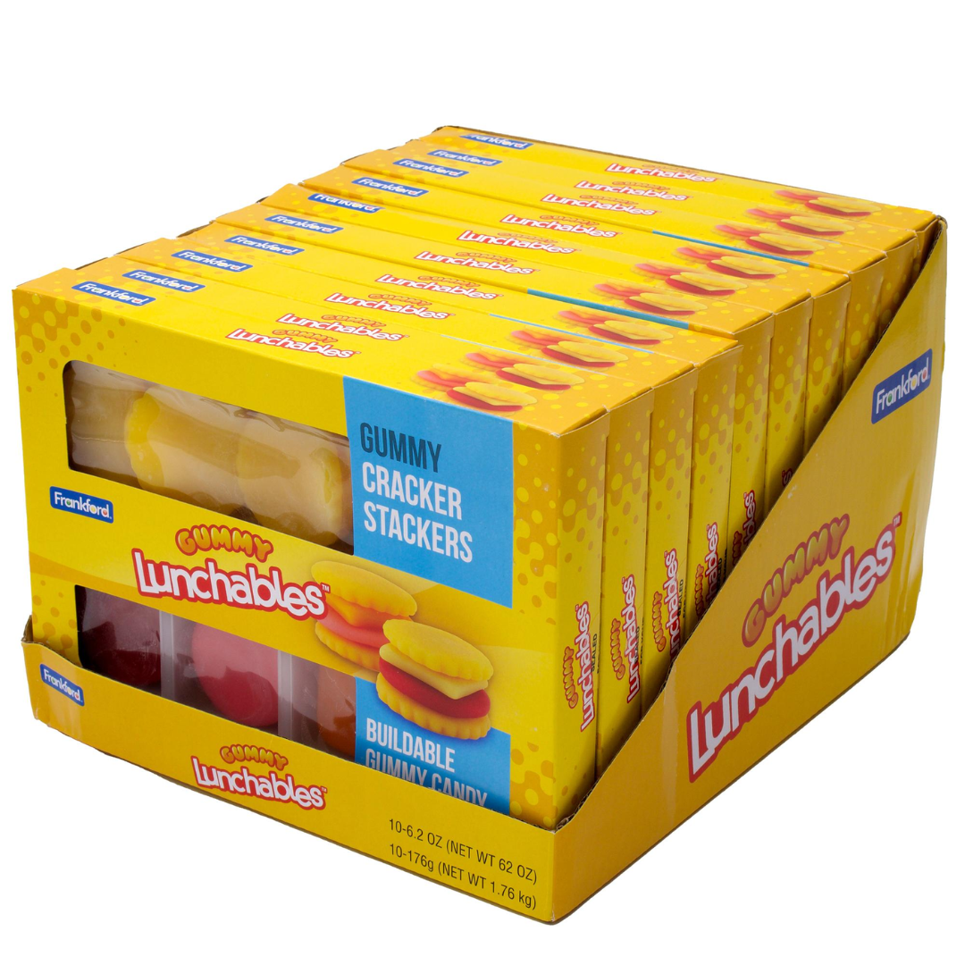 Front of Lunchables Gummy Cracker Stacker box showing vibrant yellow design, product name, and images of gummy candy with 176g weight.