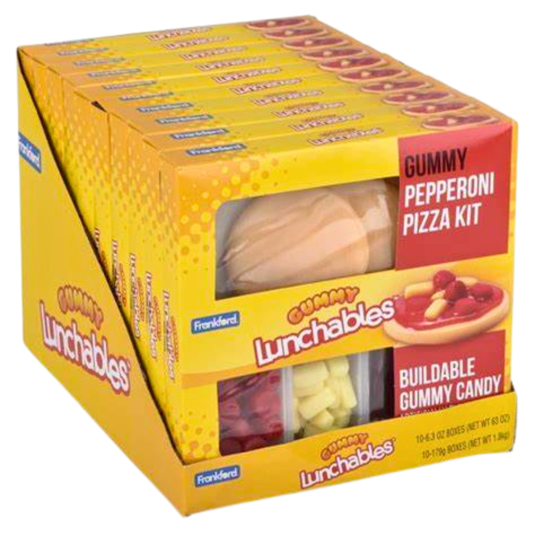 Front of Lunchables Gummy Pizza Kit showing logo, gummy candy components, and vibrant packaging (179g pack)