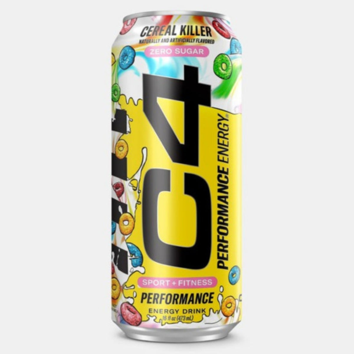Front of C4 Zero Sugar Cereal Killer Energy Drink can displaying logo, colourful fruity cereal graphics, and 473ml size