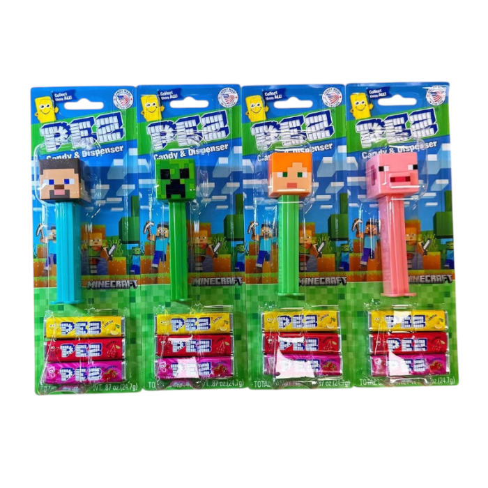 Front of PEZ Minecraft Blister Pack showing character dispensers with logos and colourful PEZ candy (24 pack)
