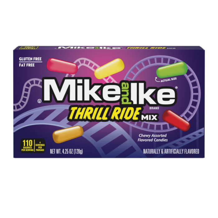Front of Mike & Ike Thrill Ride Mix box showing bold logo, assorted colourful candies, and pack size (120g)